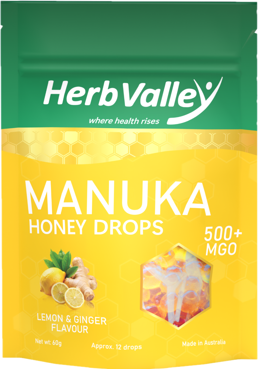 HV Manuka Honey Drops 60grams - Lemon & Ginger  高浓度麦卢卡蜂蜜MGO 500+柠檬姜味润喉糖 60克